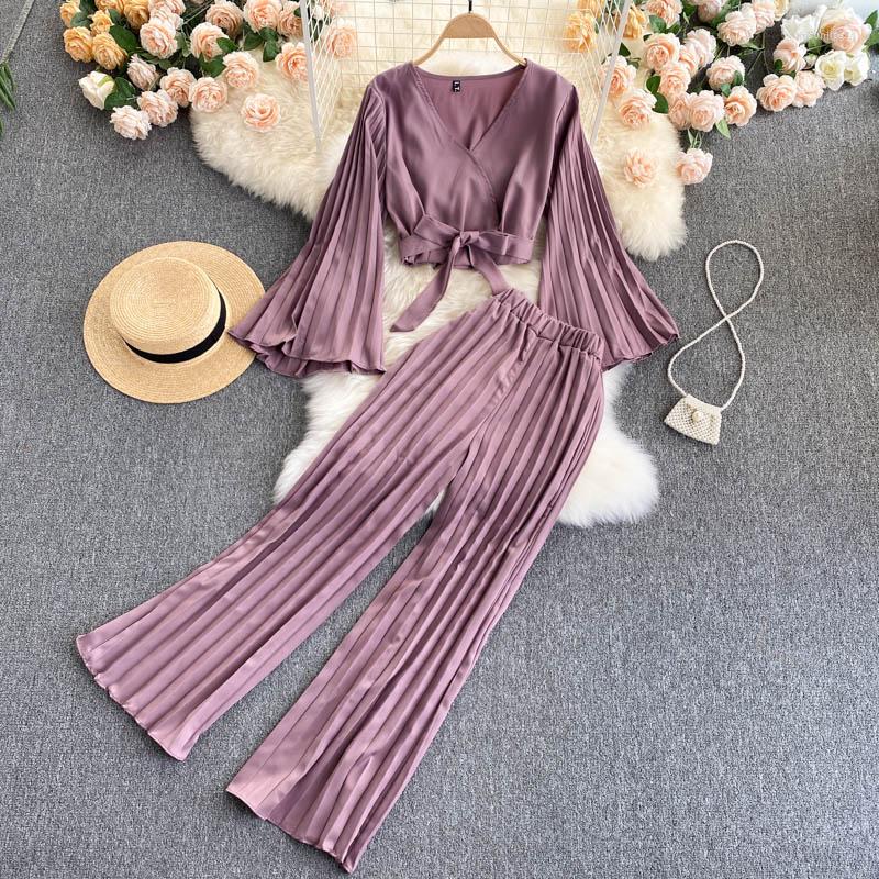 

Women's Two Piece Pants Purple/Red Draped Set Ladies Office Flare Long Sleeve V-Neck Short Tops High Waist Pleated Female Suit 2022 OL, Black
