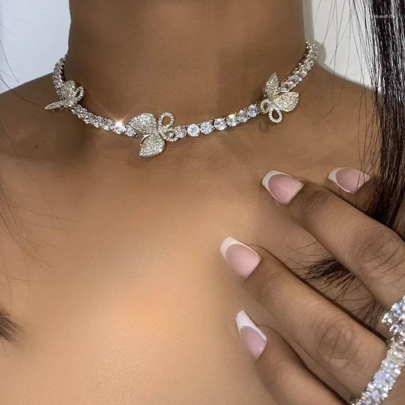 

Chains 2022 Iced Out Bling Women Jewelry Rose Pink Color 5A Cubic Zirconia 5mm Cz Tennis Chain Butterfly Charm Choker Necklace