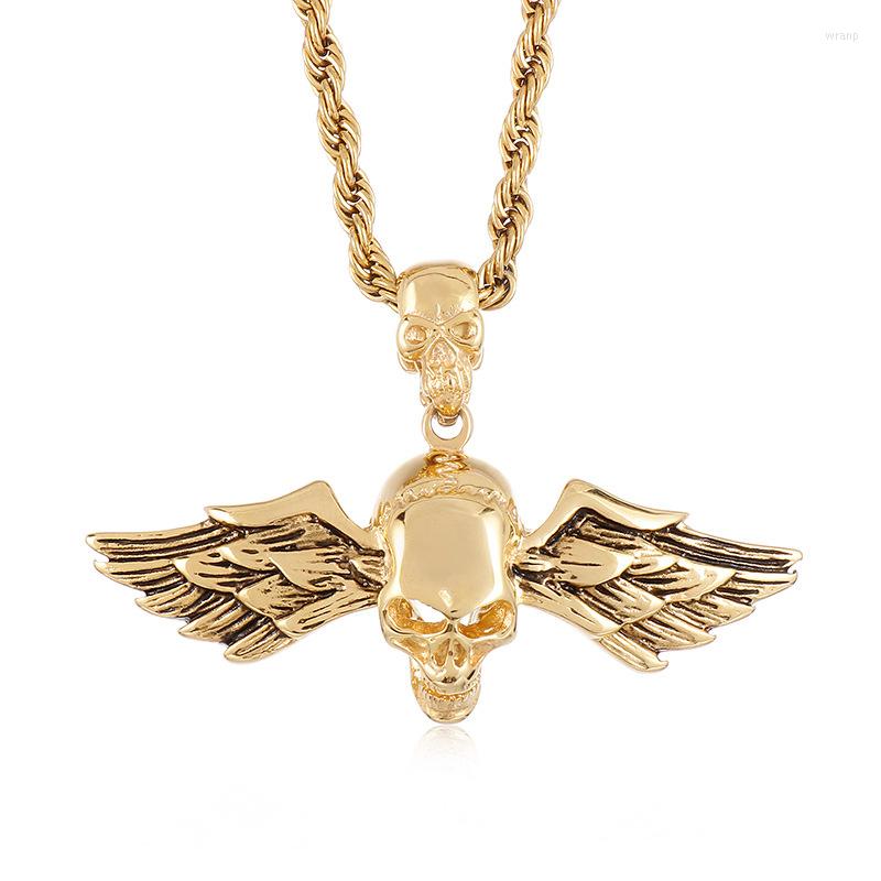 

Pendant Necklaces Punk Gothic Stainless Steel Double Skull Wing Skeloton Pendants Necklace For Men Rock Jewelry Gold Silver Color Drop