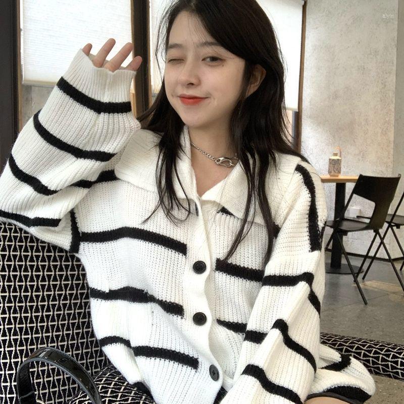 

Women's Knits Woman Sweaters Cardigan Korean Style Black White Stripes Color Stitching Turnover Neck Loose Knitted Sweater Coat, Creamy-white