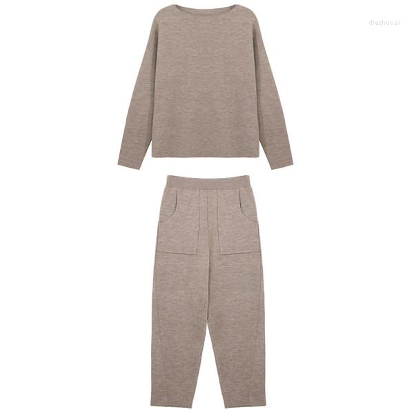 

Women' Two Piece Pants 2022 Winter Casual Sweater Tracksuits O-neck Long Sleeve Jumpers & Elastic Waist Female Knitted 2 Pieces Set, Black