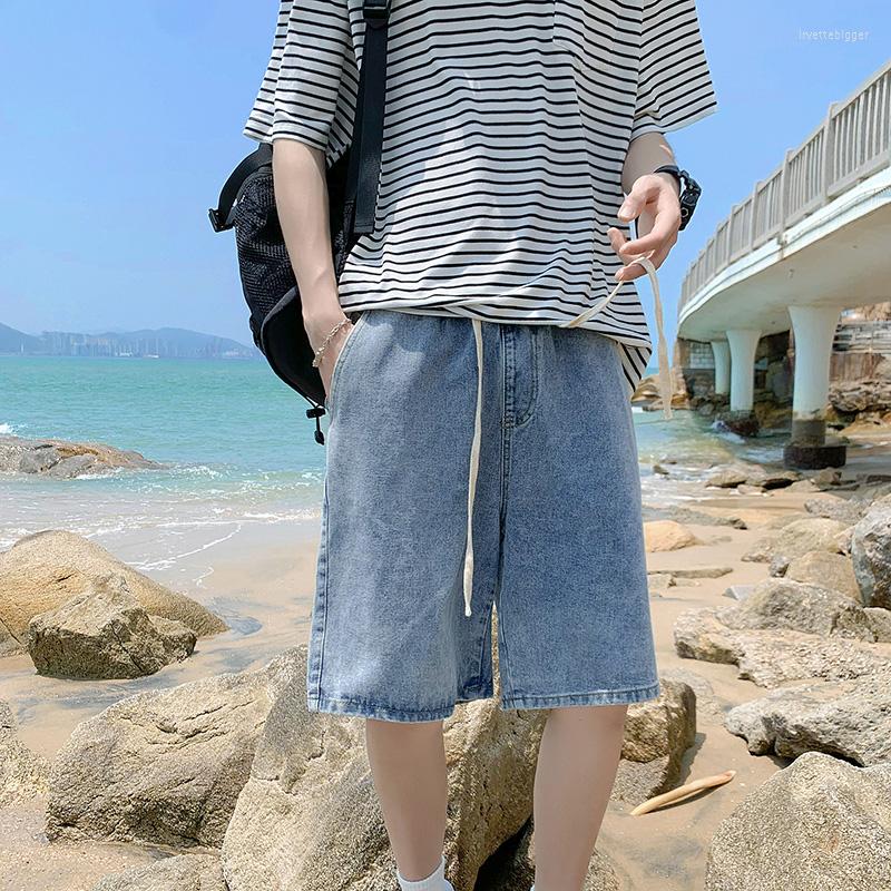 

Men's Shorts 2023 Summer Drawstring Design Straight Short Jeans Men Korean Fashion Light Blue Baggy Wide-Leg Student Casual Denim