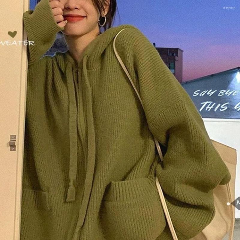 

Women's Knits Korean Fashion Women's Sweater Solid Cardigan Zipper Oversize Hoodie Knitted Harajuku Top Y2k Clothes Winter Pullover, Green