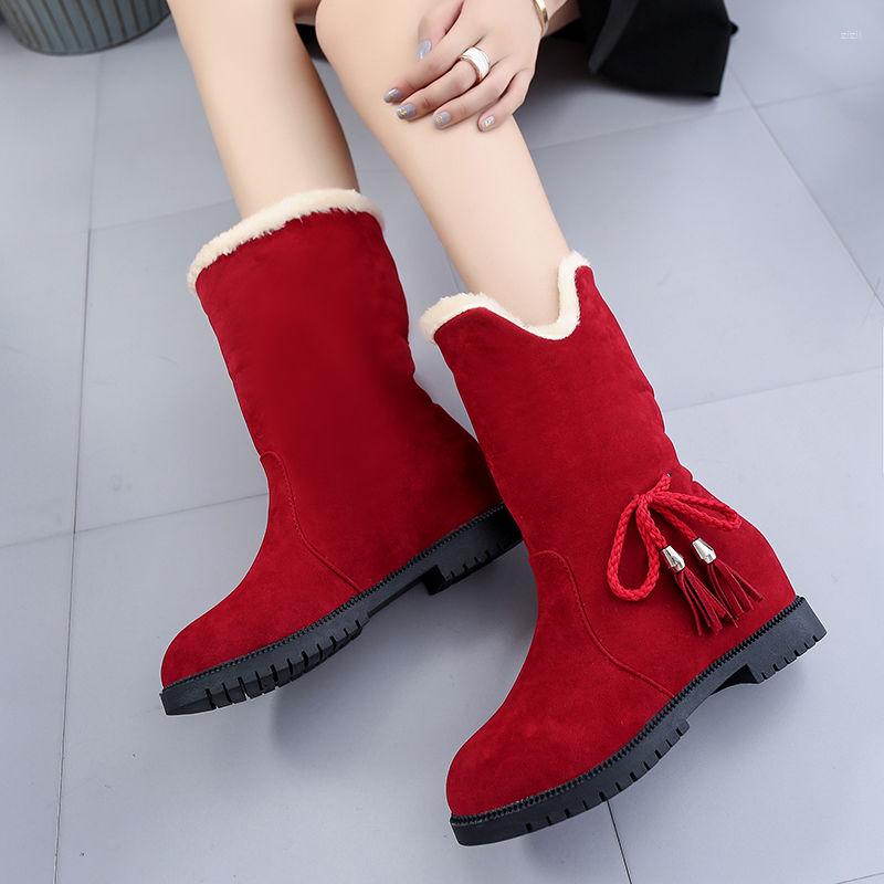 

Boots 2022 Ankle For Women Snow Female Round Toe Winter Suede Mid-Calf Botas, Red furball