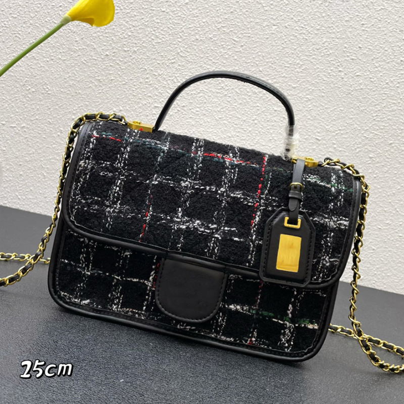 

22K Womens Wool Woolen Tweed Messenger Medium Bags Classic Flap Quilted Black Wite Red Tofu Purse With Top Handle Totes Gold Badge GHW Crossbody Handbags 25X7X18CM, Box