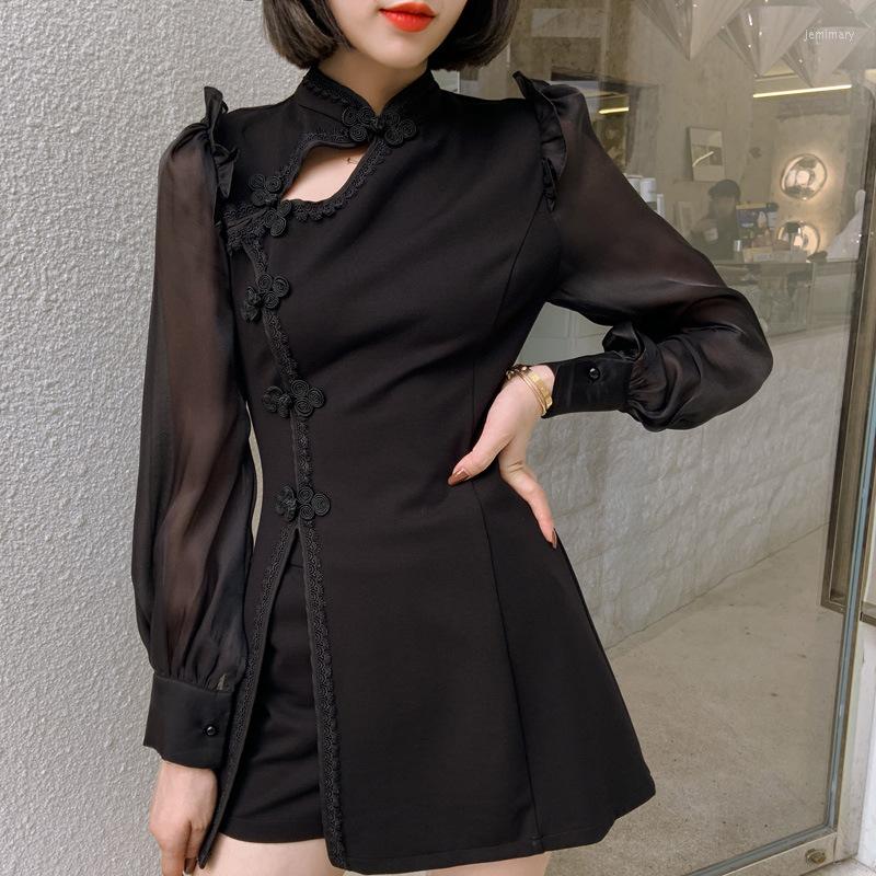 

Women' Two Piece Pants Solid Chiffon Patchwork Mini Cheongsam And Shorts Women Cosplay 2 Set Winter Vintage For Ladies Plus Size, Black