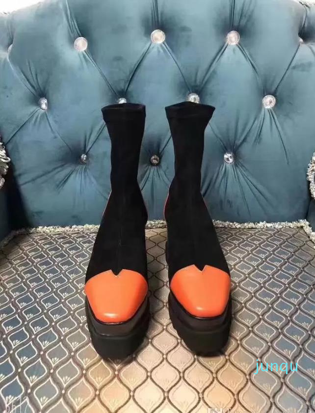 

FASHIONVILLE - 2019120503 34 40 black nude orange strech platform short boots wedge fashion, Black/ask size first