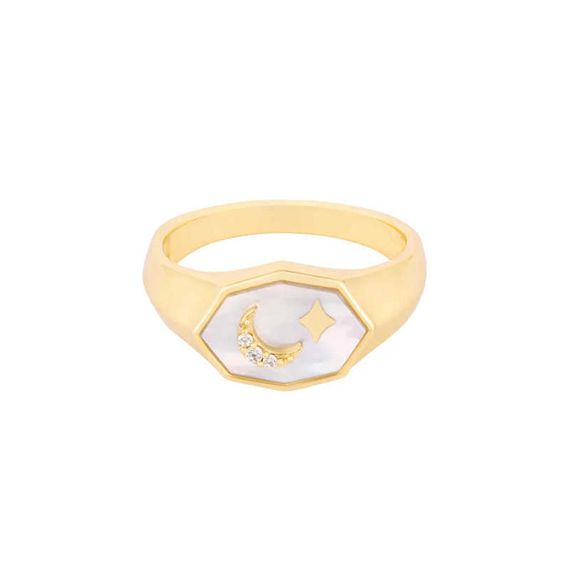 

Gemnel High Quality 925 Sterling Silver Gold Plated Moon Star Mother of Pearl Ring