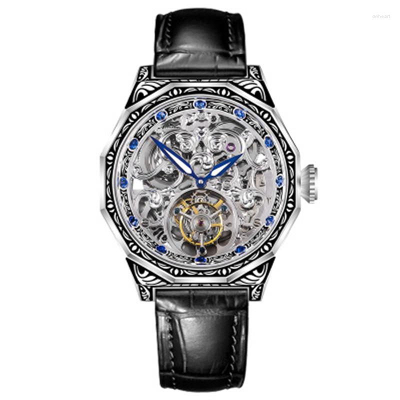 

Wristwatches Top Skeleton Spherical True Tourbillon Watch Men's Square Gemstone Scale Luminous Punk Men Mechanical Wrist Watches, White blue diamond