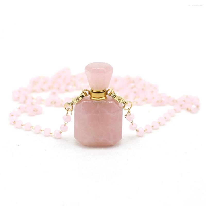 

Pendant Necklaces Natural Square Stones Rose Quartz Perfume Bottle Pendants Pink Crystals Chain For Women Essential Oil Diffuser Jewelry