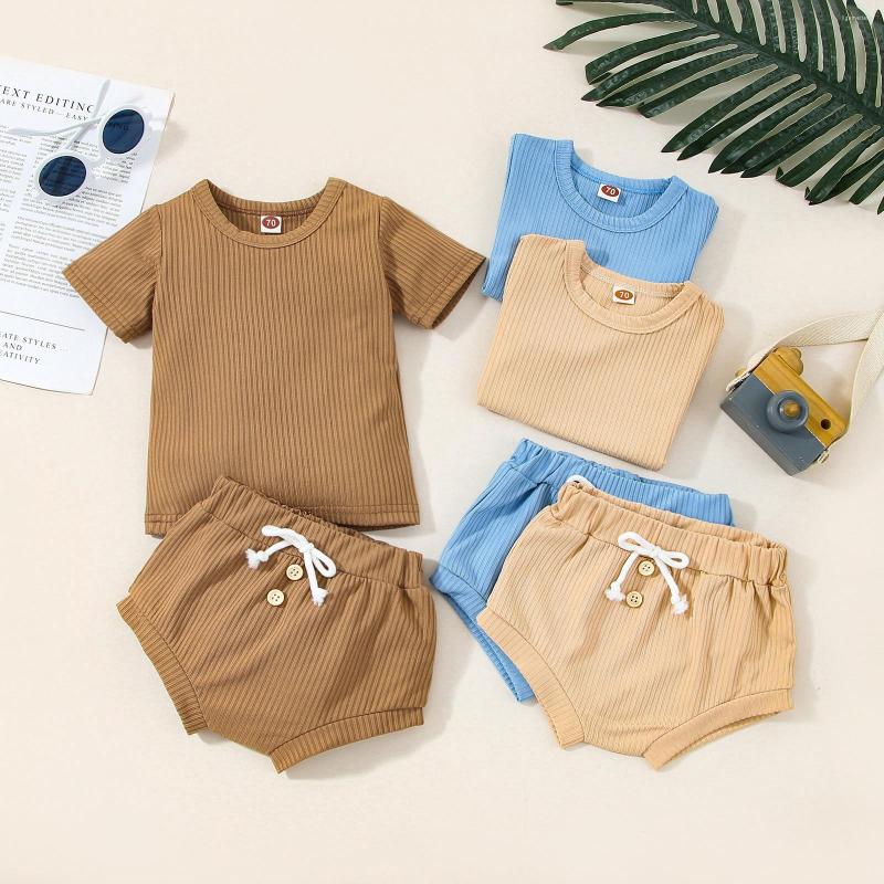 

Clothing Sets Infant Baby Girls Boys Set Summer Short Sleeves Solid Color Ribbed Top Shorts Born Fashion Clothes Outfits, Blue