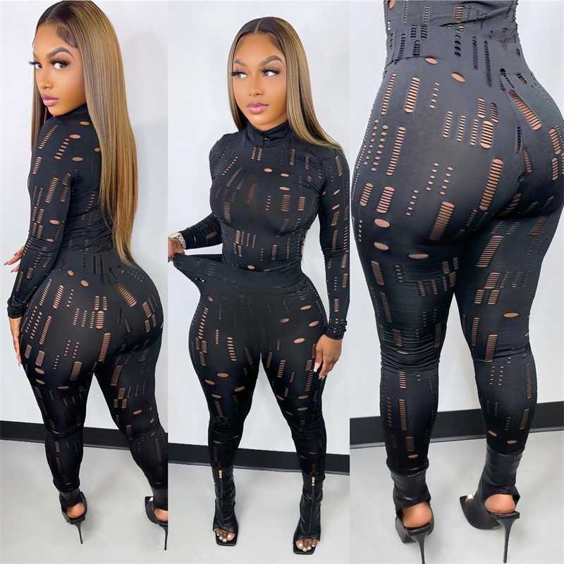 

Retail Designer Plus Size 3xl Women Tracksuits Two Piece Pants Set Slim Hollow Hole Tights Leisure Sports Suit Long Sleeve Leggings Outfits, Brown