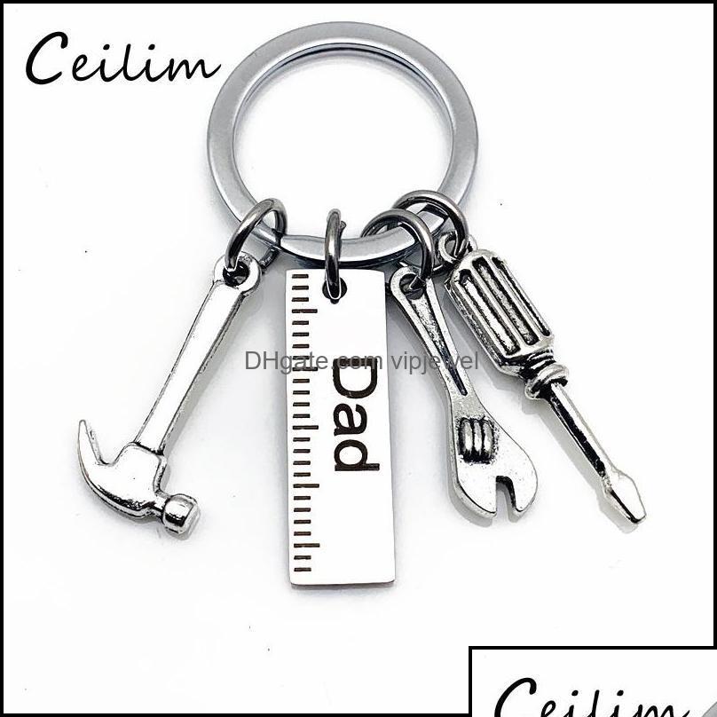 

Key Rings Key Rings Jewelry Personalized Diy Stainless Steel Keychain Engraved Dad Papa Grandpa Hammer Screwdriver Wrench Tools Fath Otvaa