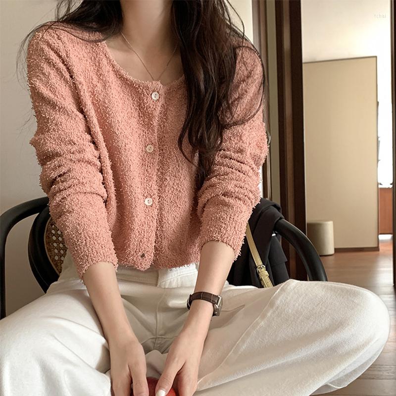 

Women's Knits Women's Fashion Round Neck Knitted Sweater 2022 Autumn Korean Style Loose Coat Solid Color Short Cardigan Clothes, Black