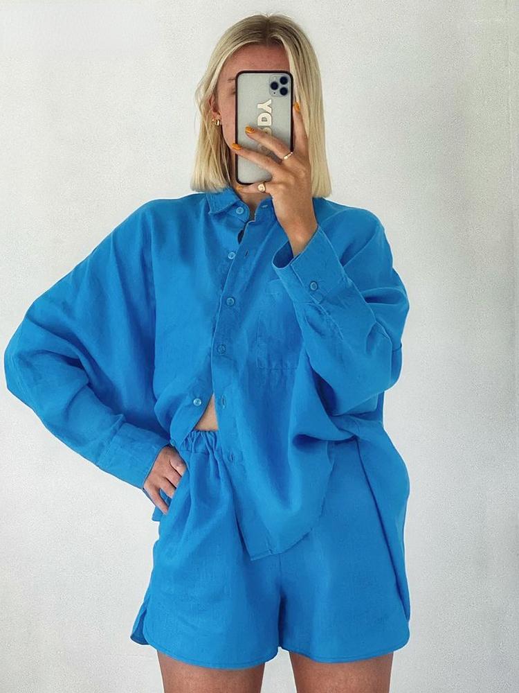 

Women' Tracksuits 18 Cotton Linen Women Summer Set Of Top With Shorts Blue 2 Piece Female Casual Suits Pocket Shirt Outfit