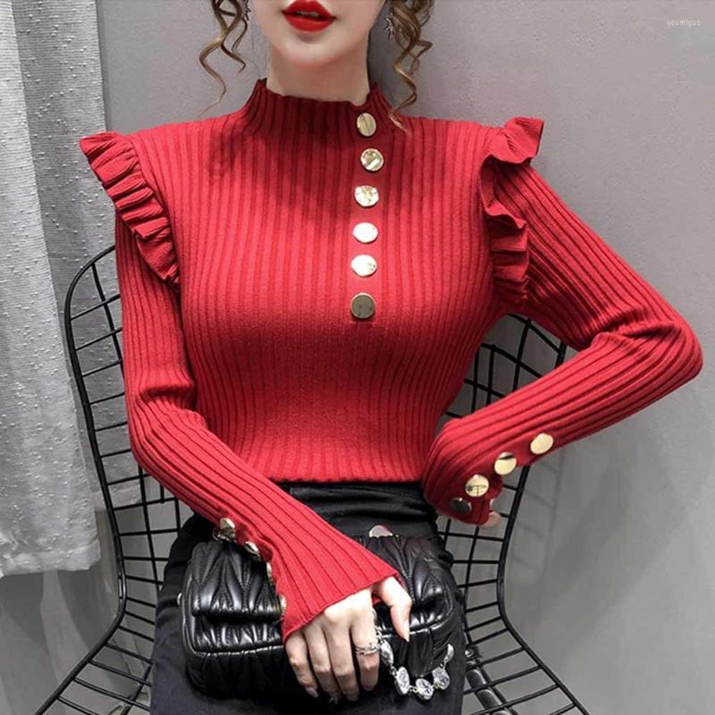 

Women's Sweaters 2022 Autumn Winter Sweater Women Turtleneck Ruffles Knitted With Button Pink White Or Black Casual Pullover Jumper