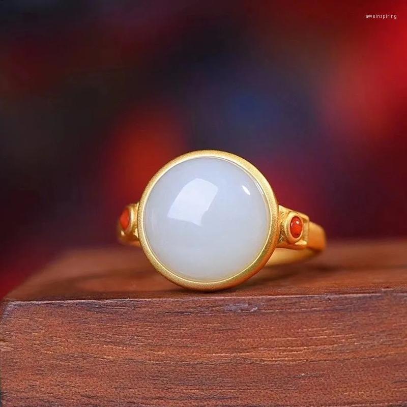 

Cluster Rings Ancient Gold Craftsmanship Inlaid With Natural Hetian White Jade Ring Opening Adjustable Delicate Frosted Women's Jewelry