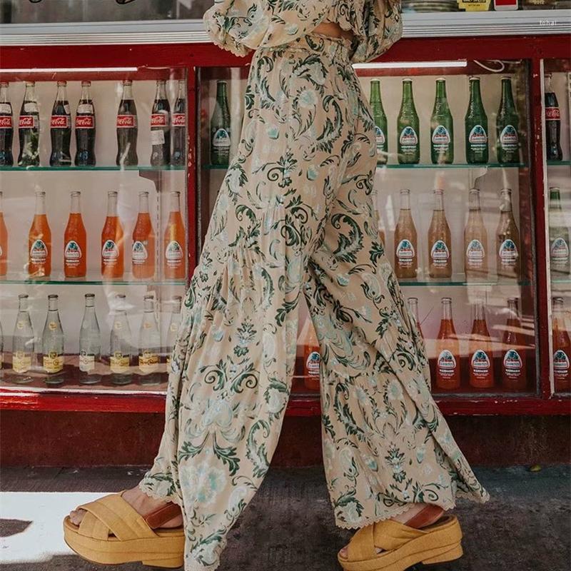 

Women' Pants Happie Queens Women Floral Print Wide Leg Bohemian Pant Ladies Loose Ruffles Sashes Rayon Boho Long, Picture shown