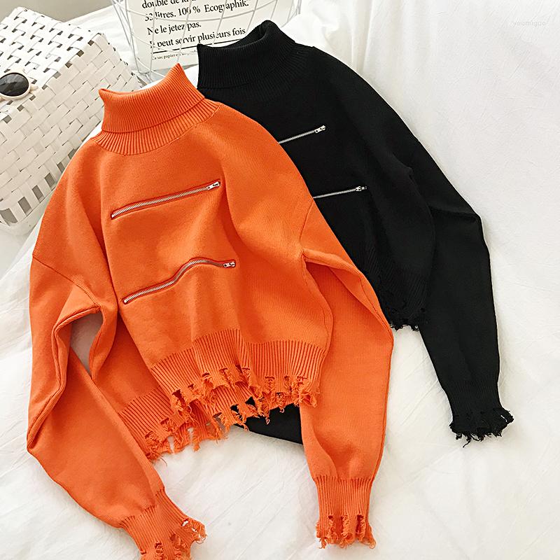 

Women's Sweaters 2022 Arrival Turtleneck Women Vintage Zipper Batwing Sleeve Female Pullovers Zippers Streetwear Top, Black
