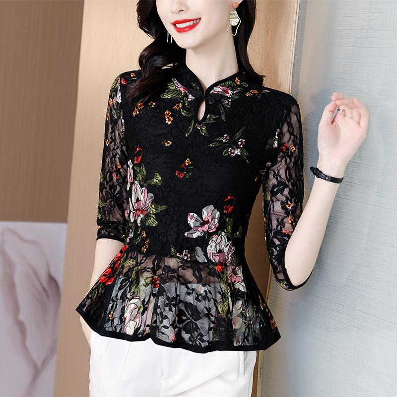 

Women's Blouses Spring Women Print Lace Vintage Cheongsam Tops Lady's Floral Shirts Peplum, Black