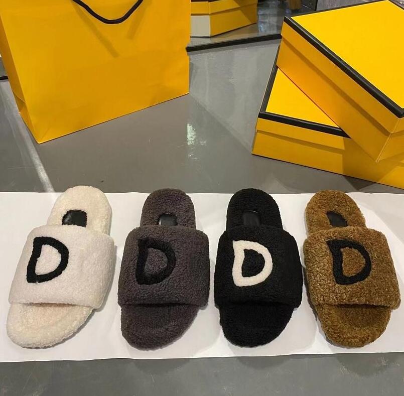 

Classic Designer Ladies Flat Slippers Premium Wool Women Sandals Plush Black White Casual Handmade Sandal Autumn Winter Fashion Shoes Sizes 35-42, Box
