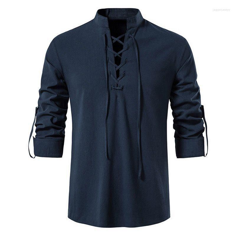 

Men' Casual Shirts Oeak Mens Scottish Jacobite Ghillie Kilt Lace Up Tops Vintage Medieval Renaissance Linen Cloths Solid Plus Size, Navy