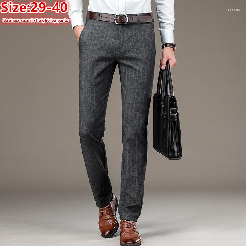 

Men's Suits Thick Spring Autumn Dress Trousers Men Vertical Stripe Stretched Sraight Slim Fit Business Casual Formal Plus Size 38 40 Pants, Blue color
