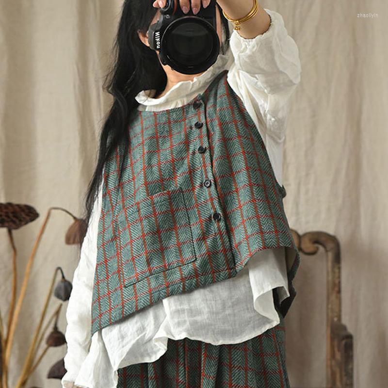 

Women's Vests FairyNatural Ladies Retro Plaid Cotton Linen Coats 2022 Spring Autumn Button Pockets Female Sleeveless Loose Chinese Style, Purple