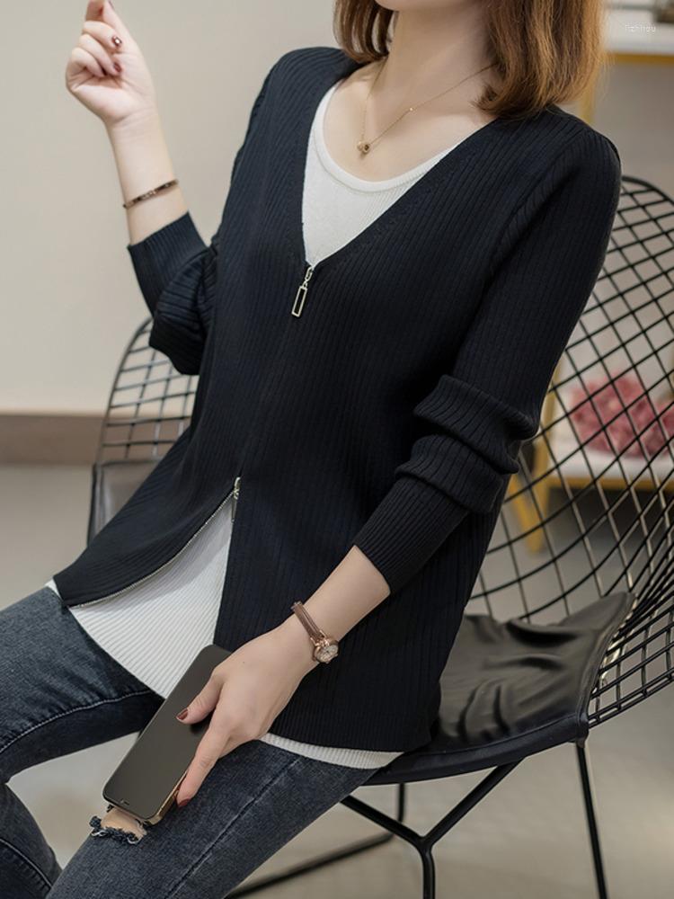 

Women's Sweaters Oversize -4XL Fake Two Pieces Pullovers 2022 Autumn Zipper Knitted Coats Large Patchwork Korean Jumpers, Black