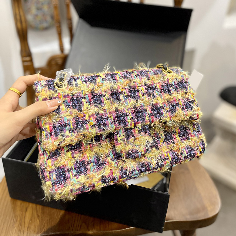 

Womens Designer Tweed Classic Medium Flap Quilted Bags Rectangular Purse Gold Metal Hardware Turn Lock Matelasse Chain Crossbody Shoulder Handbags 26X18CM, Box