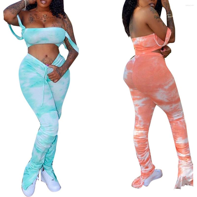 

Women' Two Piece Pants Women Sports Sexy Tie-Dye Printed Two-Piece Suit Sleeveless Off Shoulder Camisole Drawstring Pleated Trousers, Blue