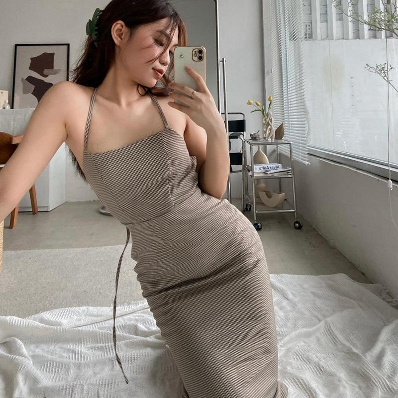 

Casual Dresses Women Houndstooth Long Dress Sexy Sleeveless Backless Bandage Bodycon Summer Halter Vintage Plaid Woman Vestido, Khaki