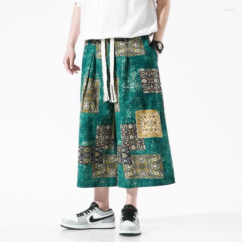 

Men's Pants Chinese Style Beach Flower Men Clothing Straight Cropped Plus Size Wide Summer Thin Oversized Male, Number 6