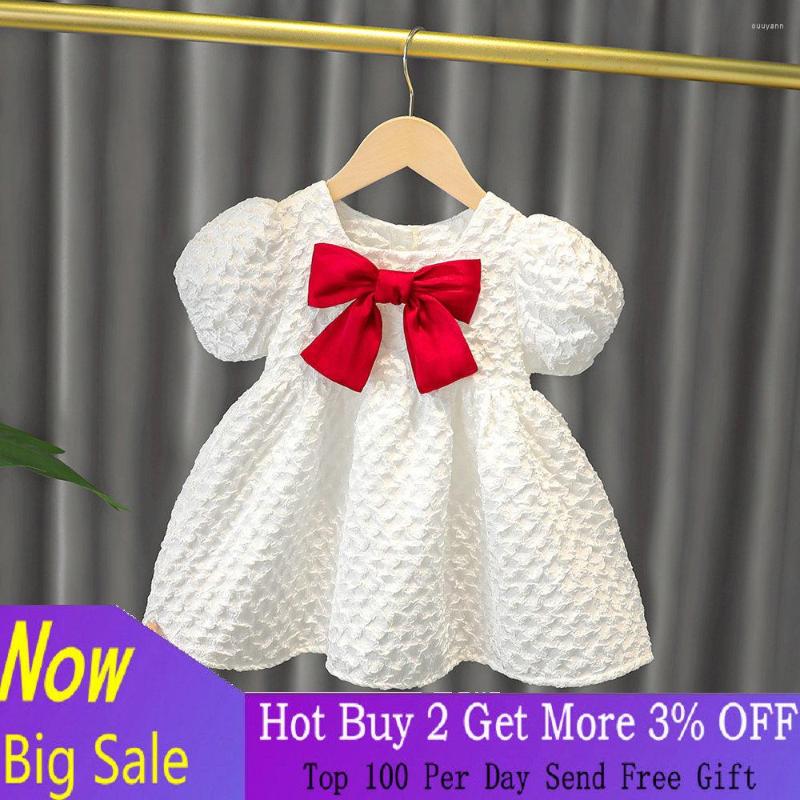 

Girl Dresses Spring And Summer Child White Western Style Bow Decoration Girls Short Sleeve Princess Dress Kids Clothes