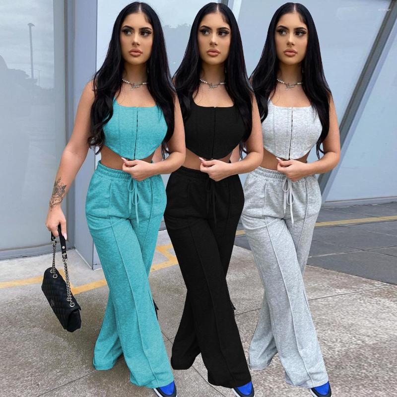 

Women's Two Piece Pants CHAXIAOHEI 2022 Temperament Solid Color Invisible Button Sleeveless Vest Slacks Two-Piece Set, Grey