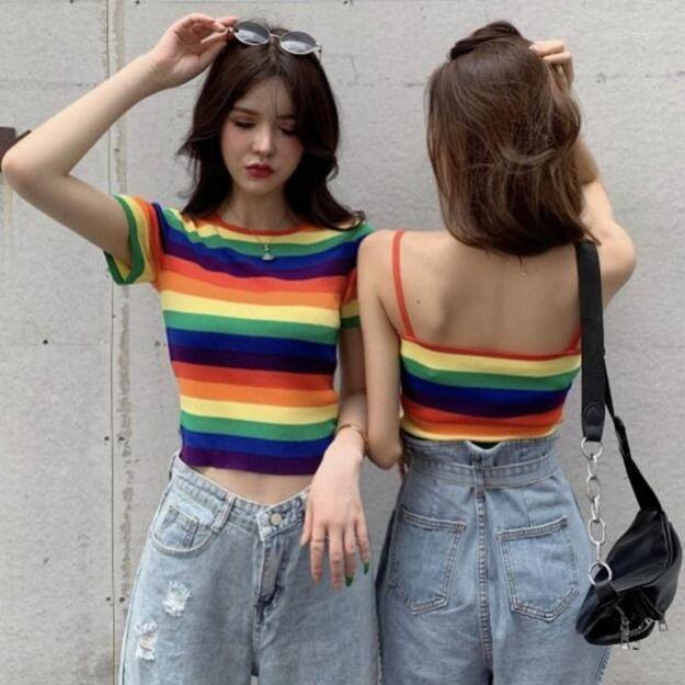 

Women' T Shirts Woman TShirts Knitwear Short Sleeve T-shirt Women' Tight Casual Spring Rainbow Striped Top Crop Mujer Camisetas, Red