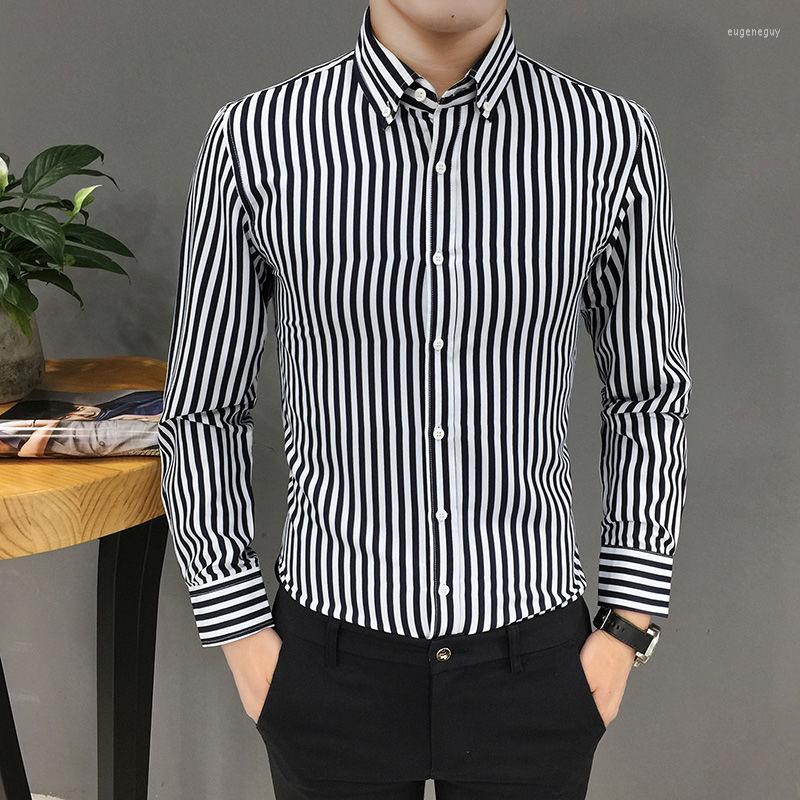 

Men's Casual Shirts Autumn Stripe Shirt Oxford Men Fashion Cotton Long Sleeve Slim Fit Plaid Print Formal Dress Male Clothes V123, Black