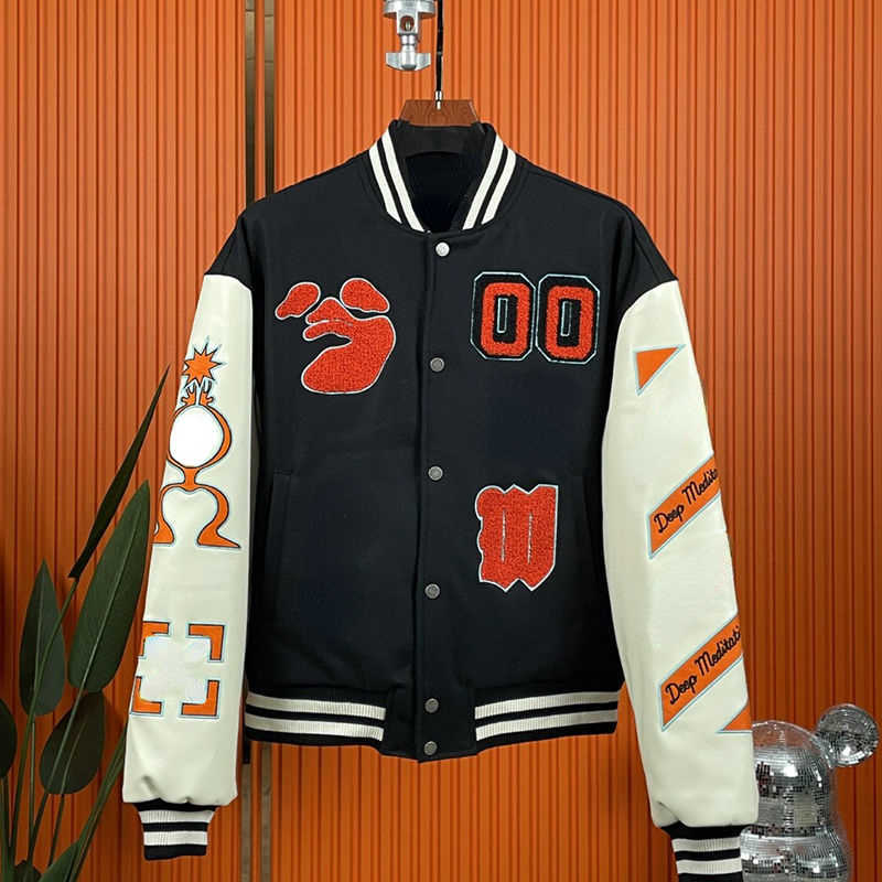 

Ow designer jacket mens cardigan coat embroidered baseball jackets men women Hip Hop oversize parka coats fashion sportswear, Off-1