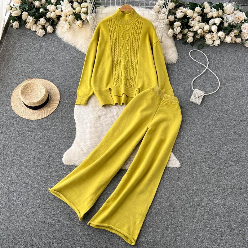 

Women's Two Piece Pants Lazy Senior Sense Of High Collar Loose Twist Irregular Sweater Plus Rolled Edge Wide Leg Two-piece Set, Beige