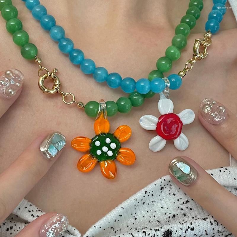 

Pendant Necklaces Shining Opal Stone Beaded Necklace For Women Handmade Glazed Glass Sunflower Flower Holiday Travelling Jewelry