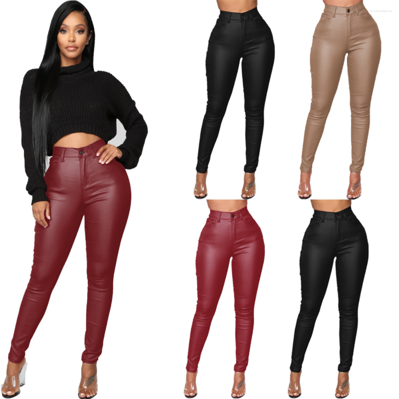 

Men' Pants 2023 Women' Wear Fashion Clothing Fall Winter Solid Leather Button High Waist Tights Pencil, Black