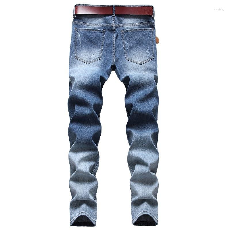 

Men's Jeans Size 40 Blue Print Elasticity Men Ripped Slim Fit Straight Leg Denim Pants With Holes