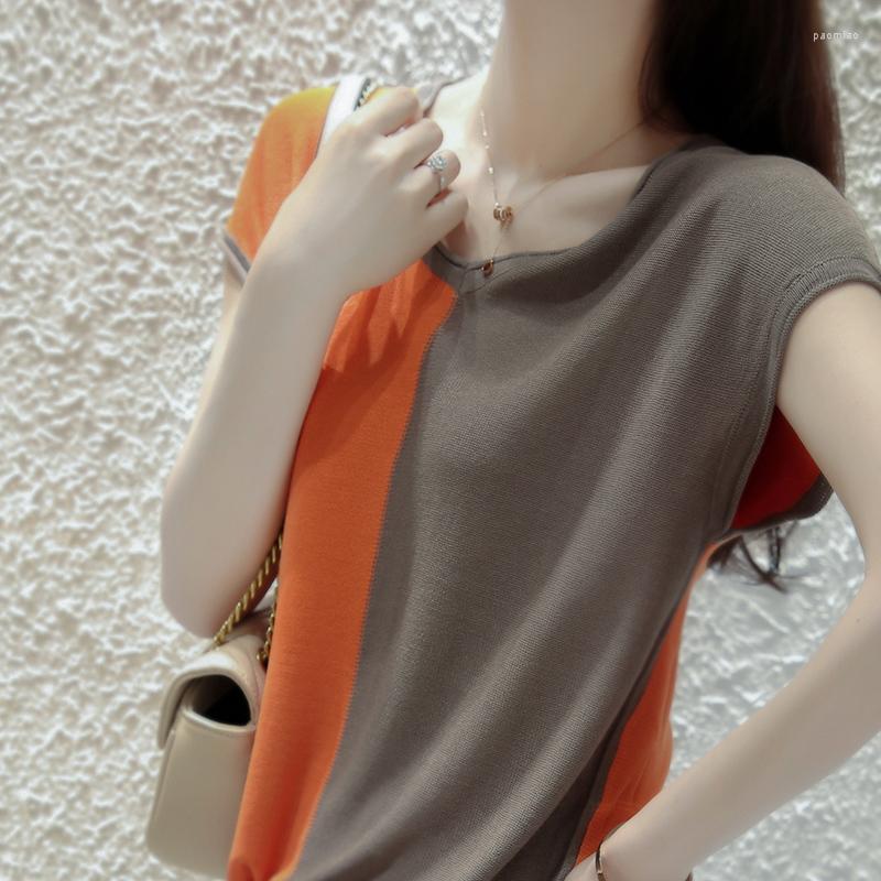 

Women' T Shirts Cotton Linen Vintage Patchwork Knitted Women T-Shirts Summer 2022 V-Neck Slim Loose Casual Female Pulls Outwear Tops Tees, Black