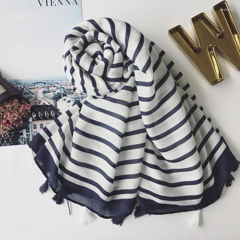 

Scarves 2022 Fashion Women Stripe Tassel Scarf Cotton Blue Shawls Wrap Hijab