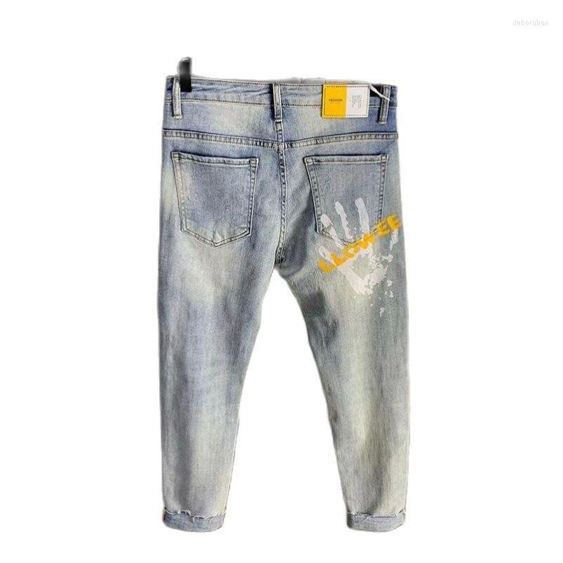 

Men's Pants Spring 2022 Men's Fashion Jeans Streetwear Hip Hop Cowboy Casual Light-color Brand Printed Ankle Length Baggy Or Men, Sky blue