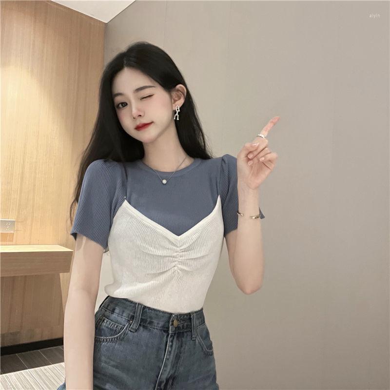 

Women' T Shirts Woman Tshirts Stitching Fake Two Pieces Short Sleeve Women' Summer Top Crop Mujer Camisetas, Black