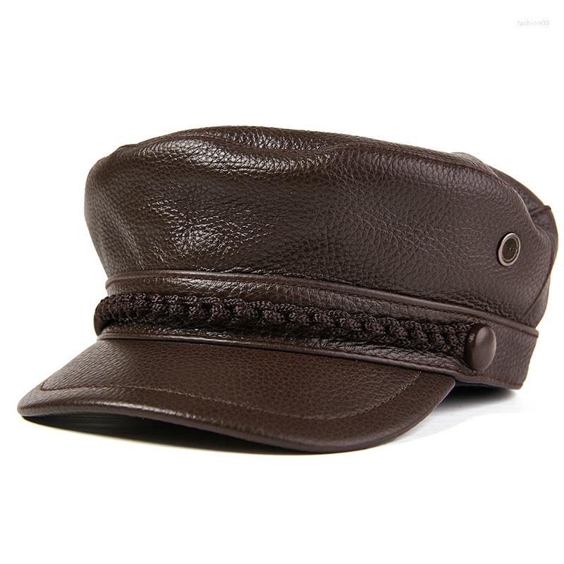 

Berets Top Cowhide Unisix Fashion Genuine Leather Hat Real Biker Cap, Black