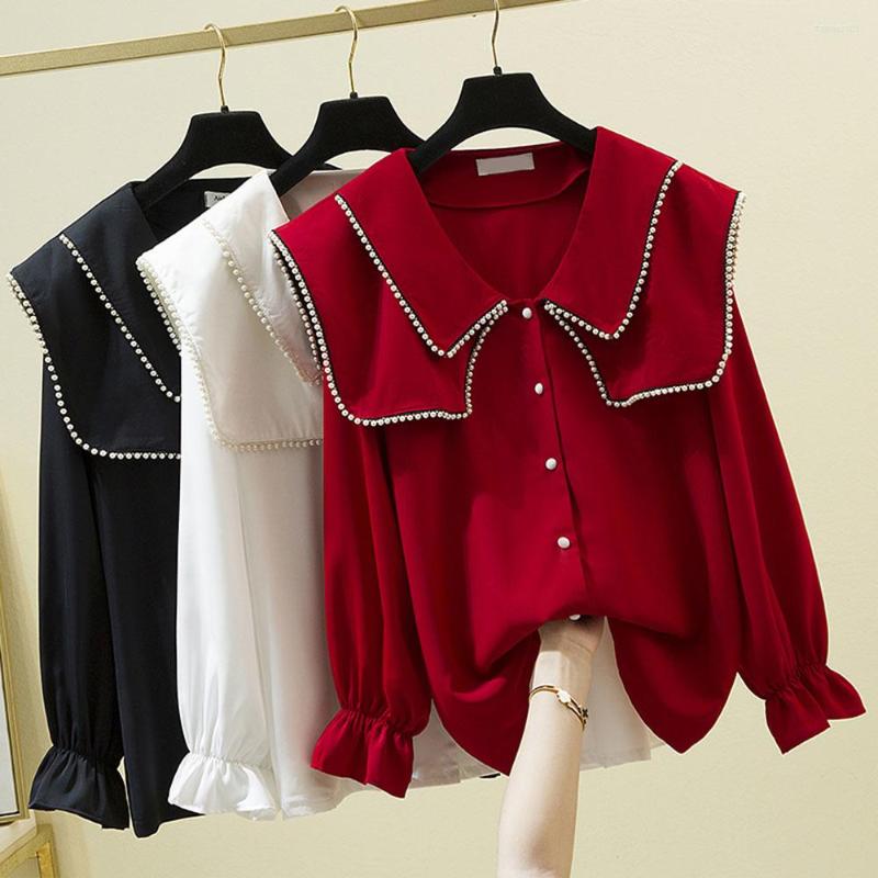 

Women's Blouses Loose Office Lady Cardigan Retro Tops Pearl Spliced Double-Layer And Shirts For Ladies Stylish Flare Long Sleeve Elegant, Black