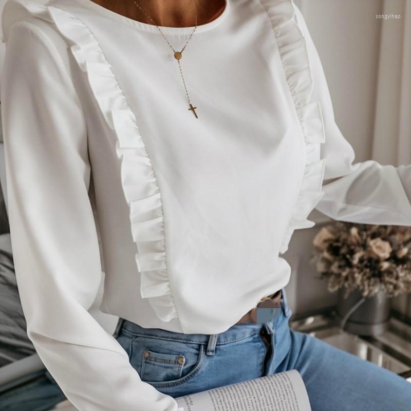 

Women' Blouses Women Lady Ruffle Shirt Blouse Solid Simple Style Round Neck Office Elegant Blusas Casual Back Buttons Up Spring Fall, Black