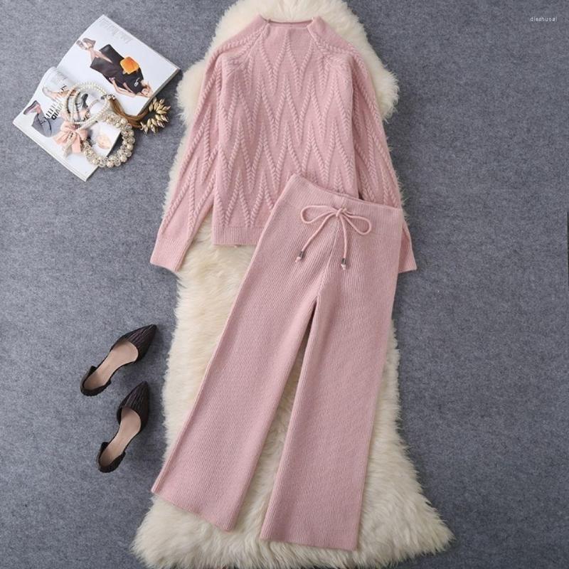 

Women's Two Piece Pants 2022 Autumn Winter Women Knitting 2 Set Female Long Sleeve O-neck Knitted Pullover Wide Leg Suit Lady Solid Q180, Rubai